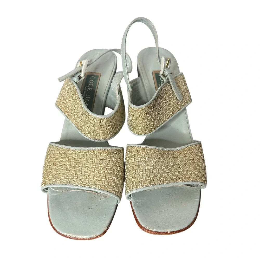 Vintage Woven Leather Sandals 8‎ Blue Chunky Block Heel Boho 90s Cole Haan